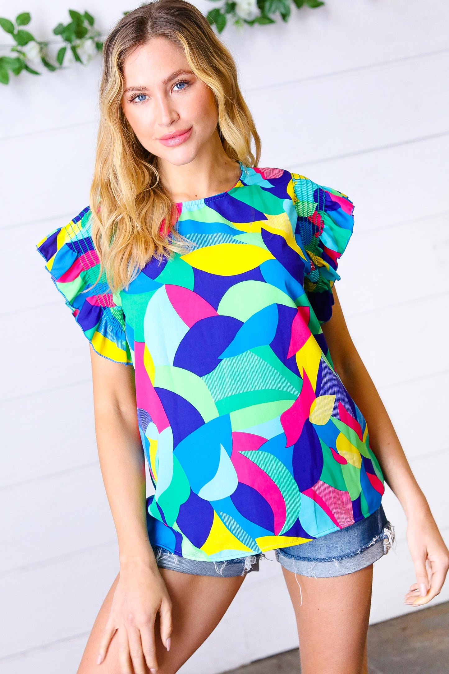 Multicolor Geo Smocked Ruffle Frill Sleeve Top