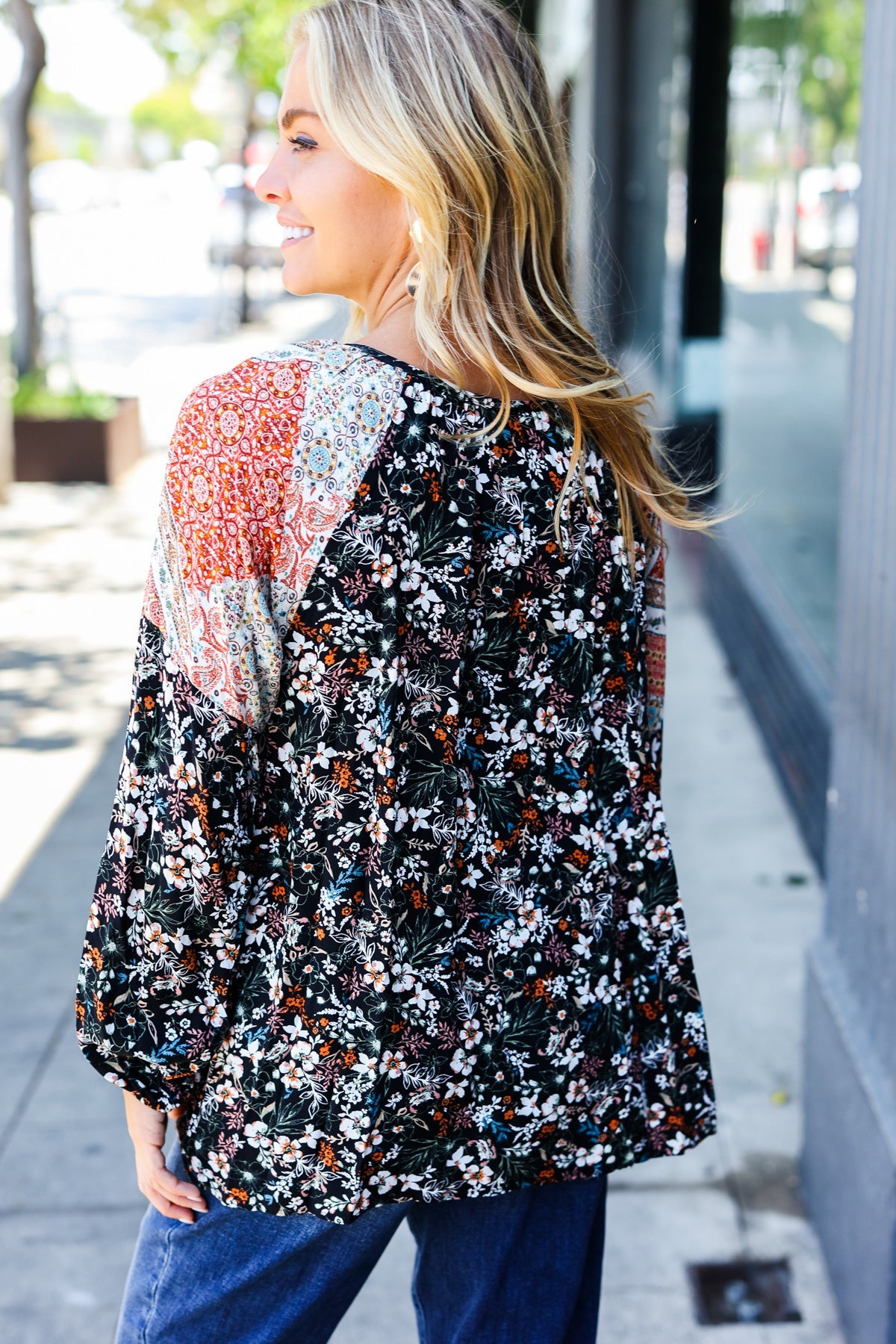 Boho Floral Ethnic Print Front Tie Woven Blouse