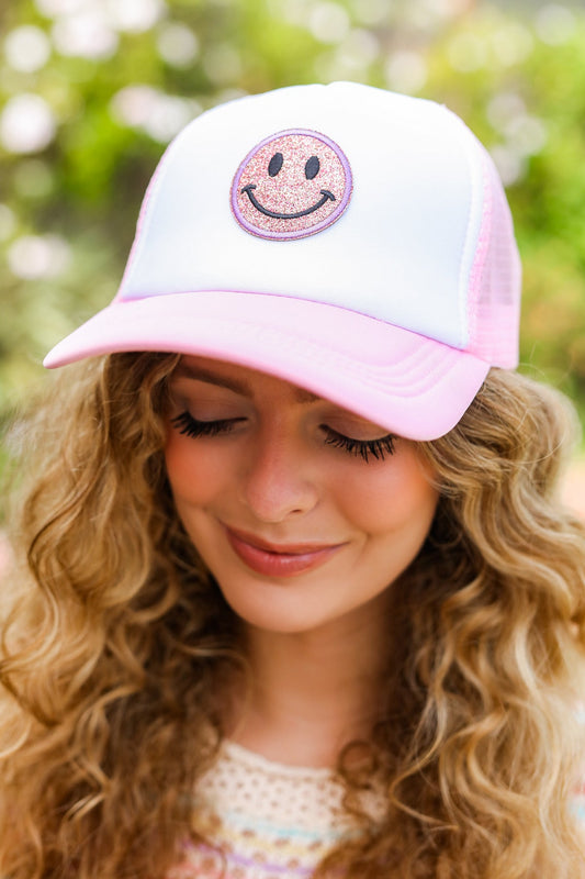Baby Pink Glitter Smiley Face Mesh Trucker Hat