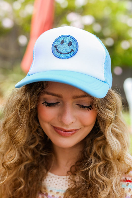 Baby Blue Glitter Smiley Face Mesh Trucker Hat