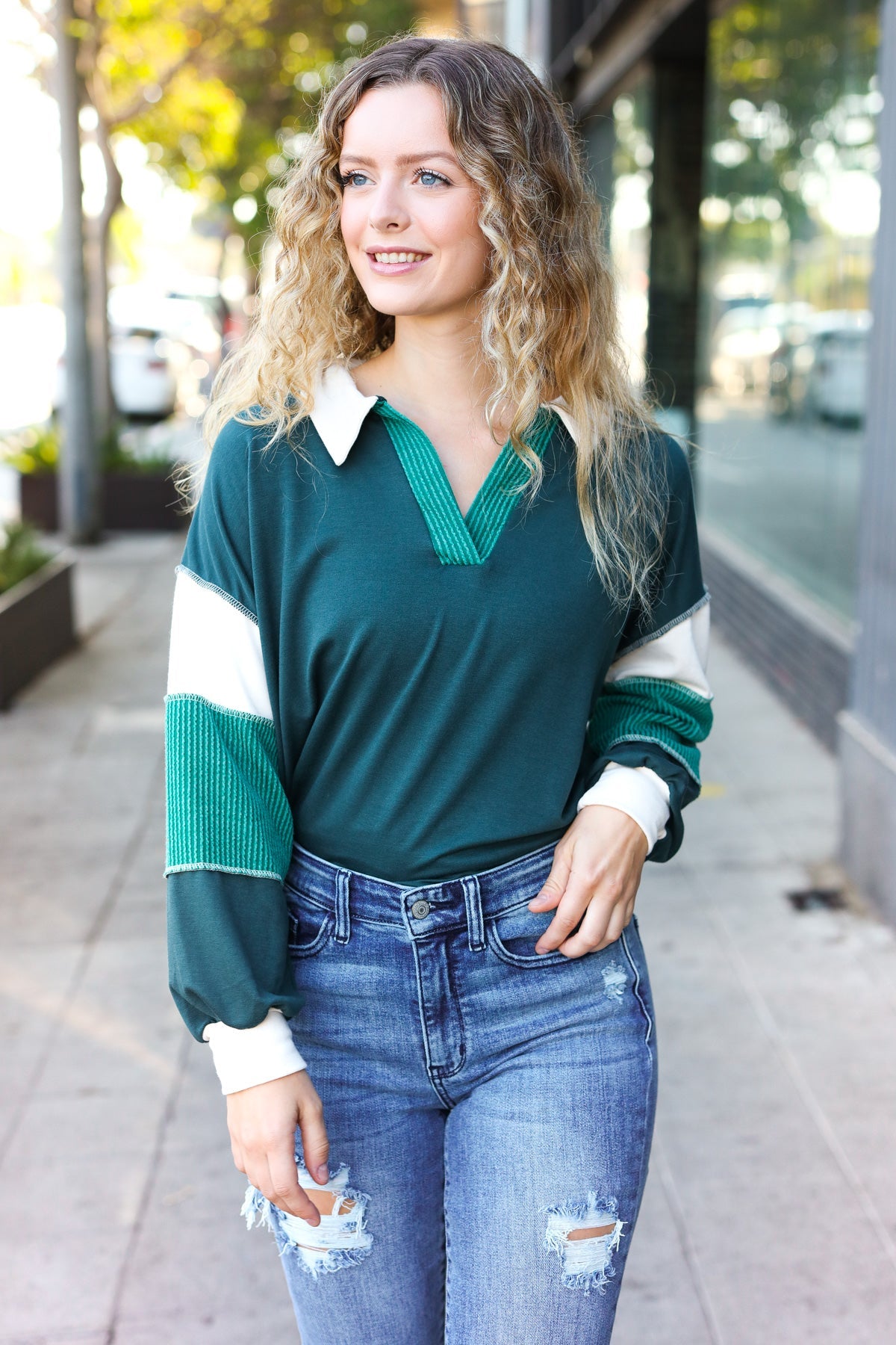 Falling For You Hunter Green Color Block Collared French Terry Top