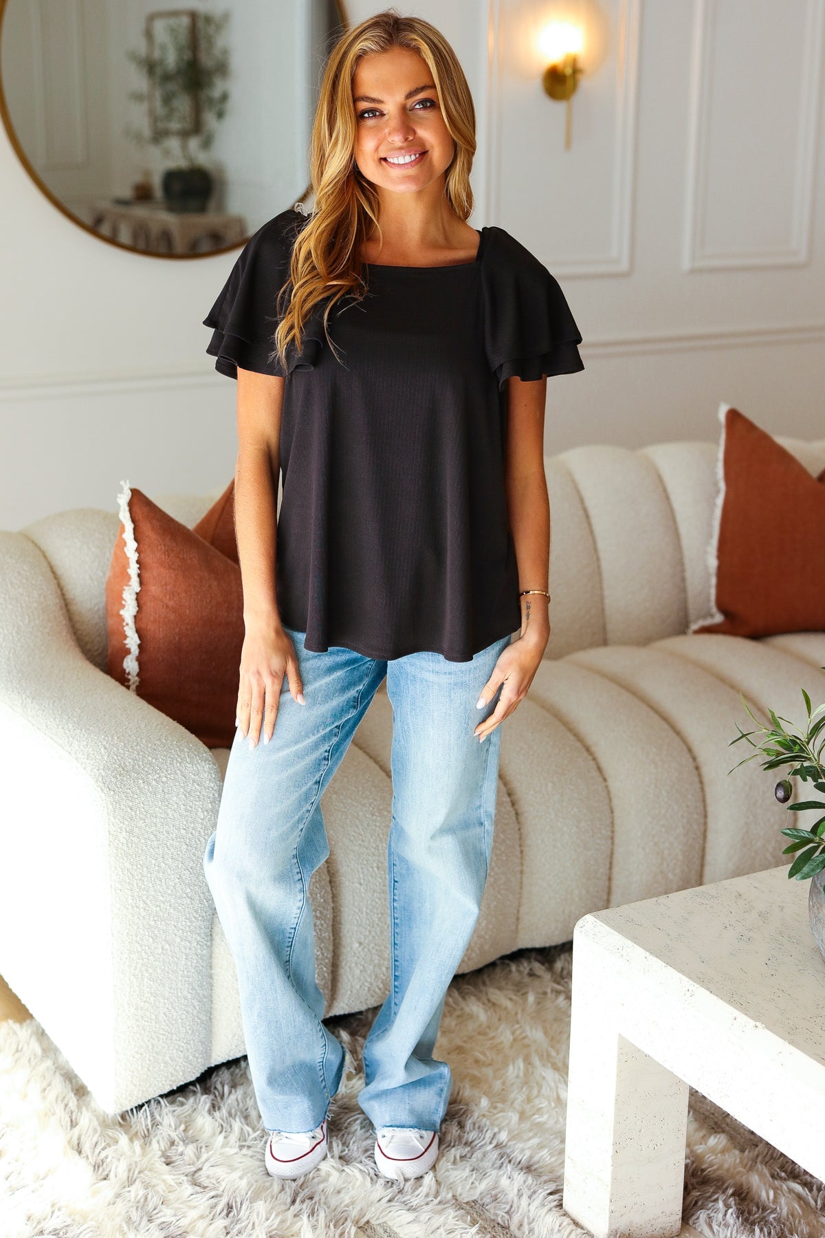 Feel The Love Black Double Ruffle Sleeve Square Neck Ribbed Top