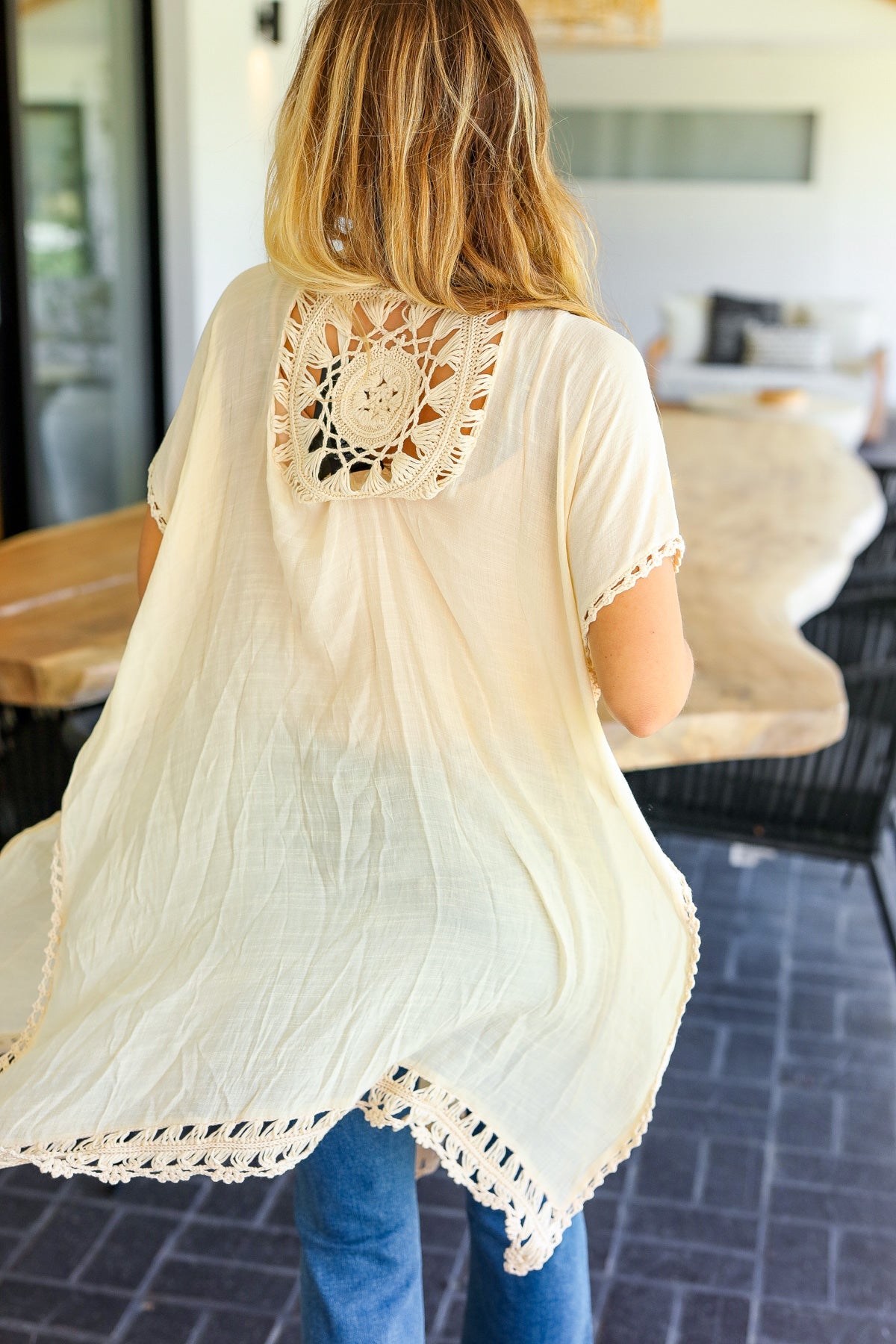 Summer Days Beige Sundial Crochet Kimono