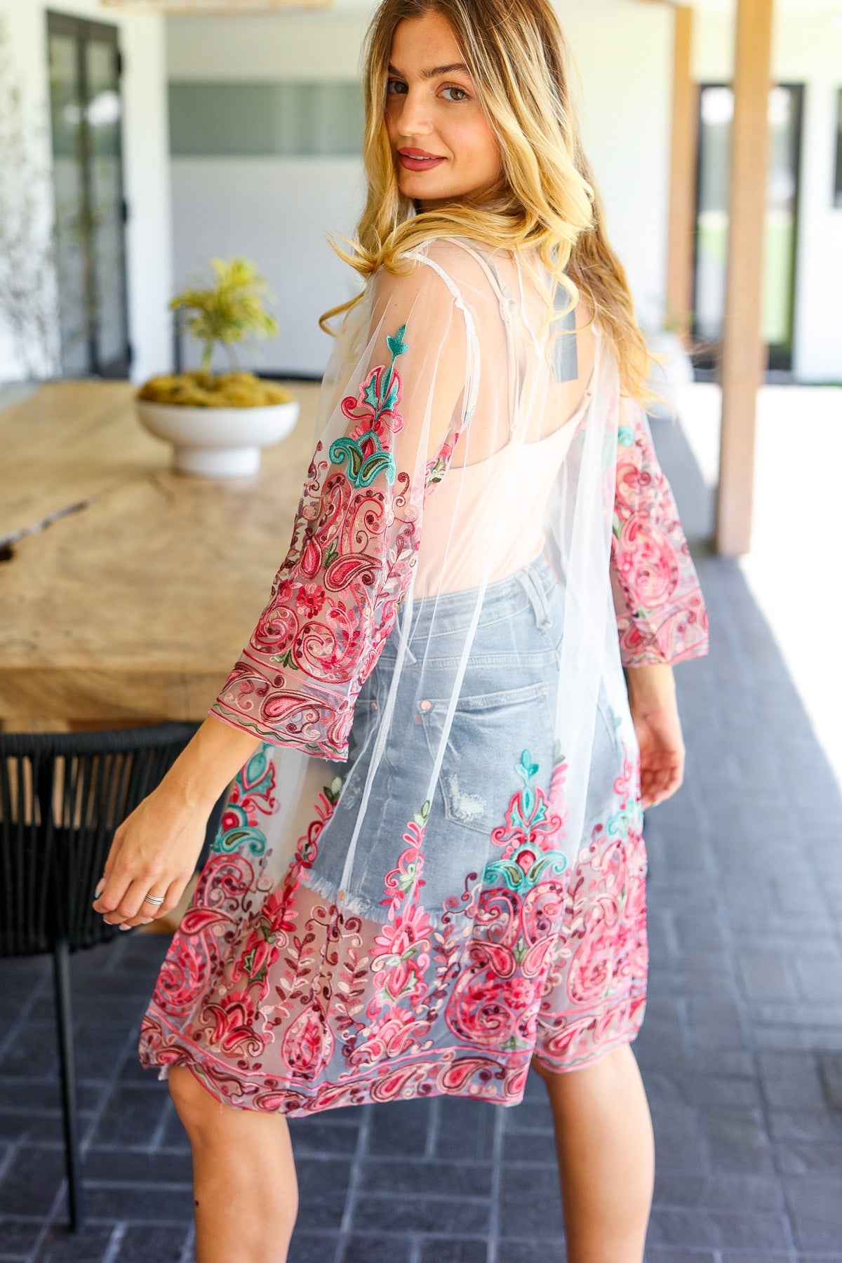 Eyes On You Fuchsia Mesh Paisley Embroidered Open Kimono