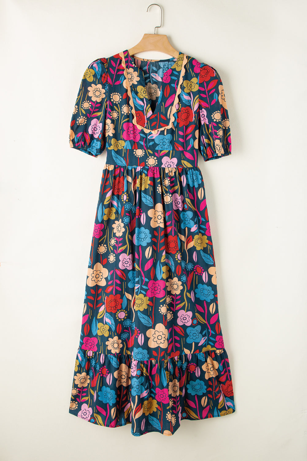 Green Floral Print Split V Neck Puff Sleeve Maxi Dress