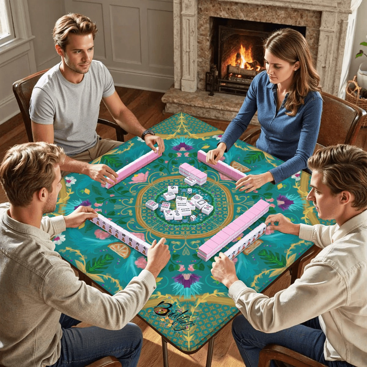 2026 Summer design on Teal-Mahjong Mat 31.5"x31.5" (Ship Rolled up)