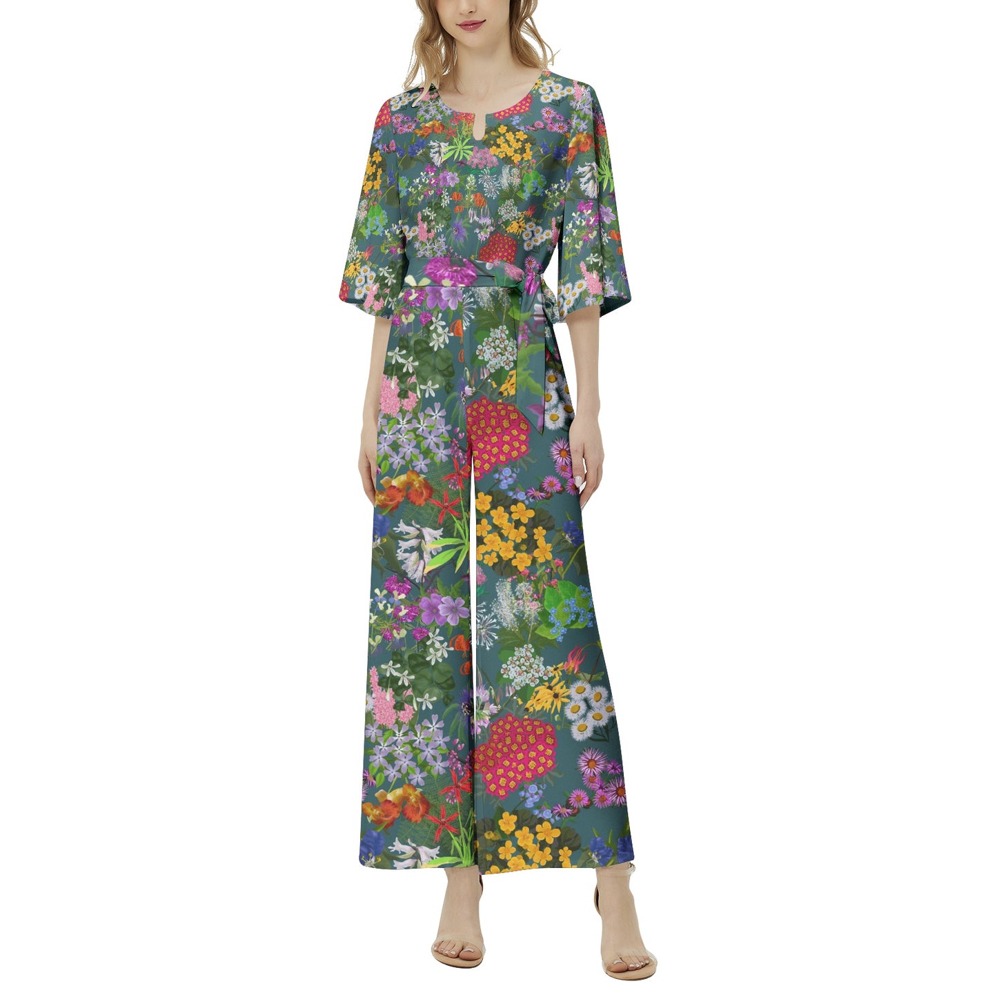 Ohio floral Dolman Sleeve Belted Wide Leg Jumpsuit