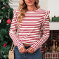 Red Striped Ruffle Shoulder Long Sleeve Top