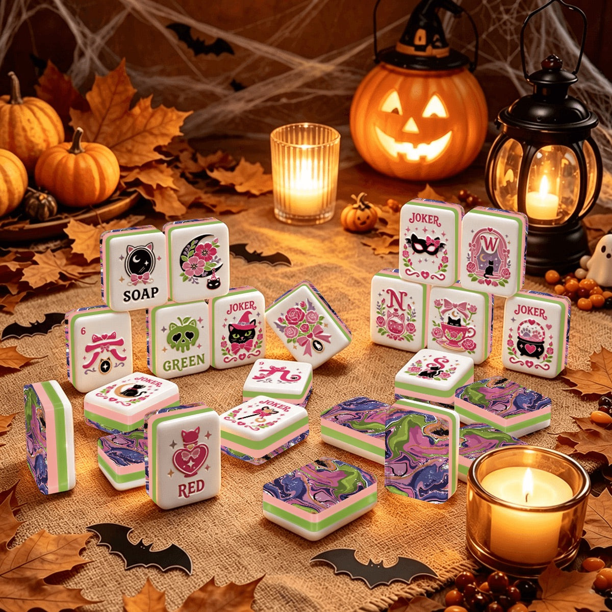 Witch's Familiar Pink & Purple abstract Halloween Mahjong Tiles