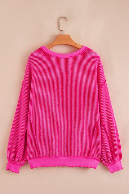 Strawberry Pink Twisted Ribbed Texture Merry Christmas Sequins Patch Top
