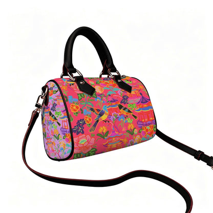 Vegan Leather Barrel Bag Waterproof Crossbody Handbag Bold birds