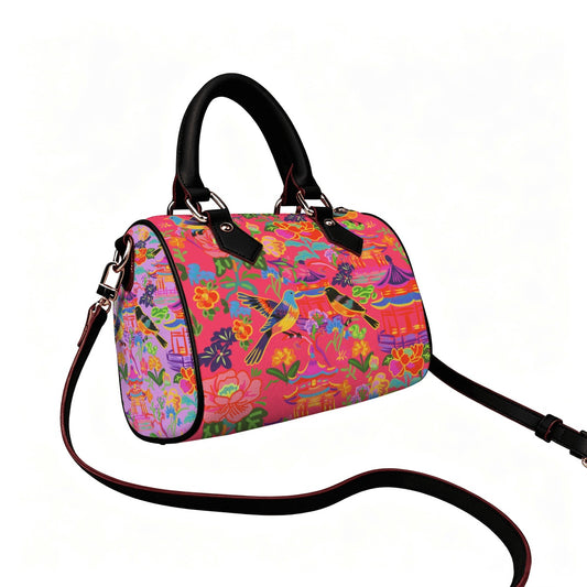 Vegan Leather Barrel Bag Waterproof Crossbody Handbag Bold birds