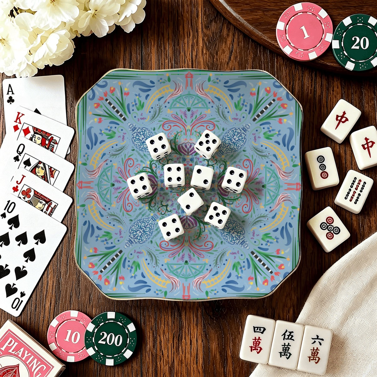 Scalloped Ceramic Mahjong Dice Tray in variety of patterns