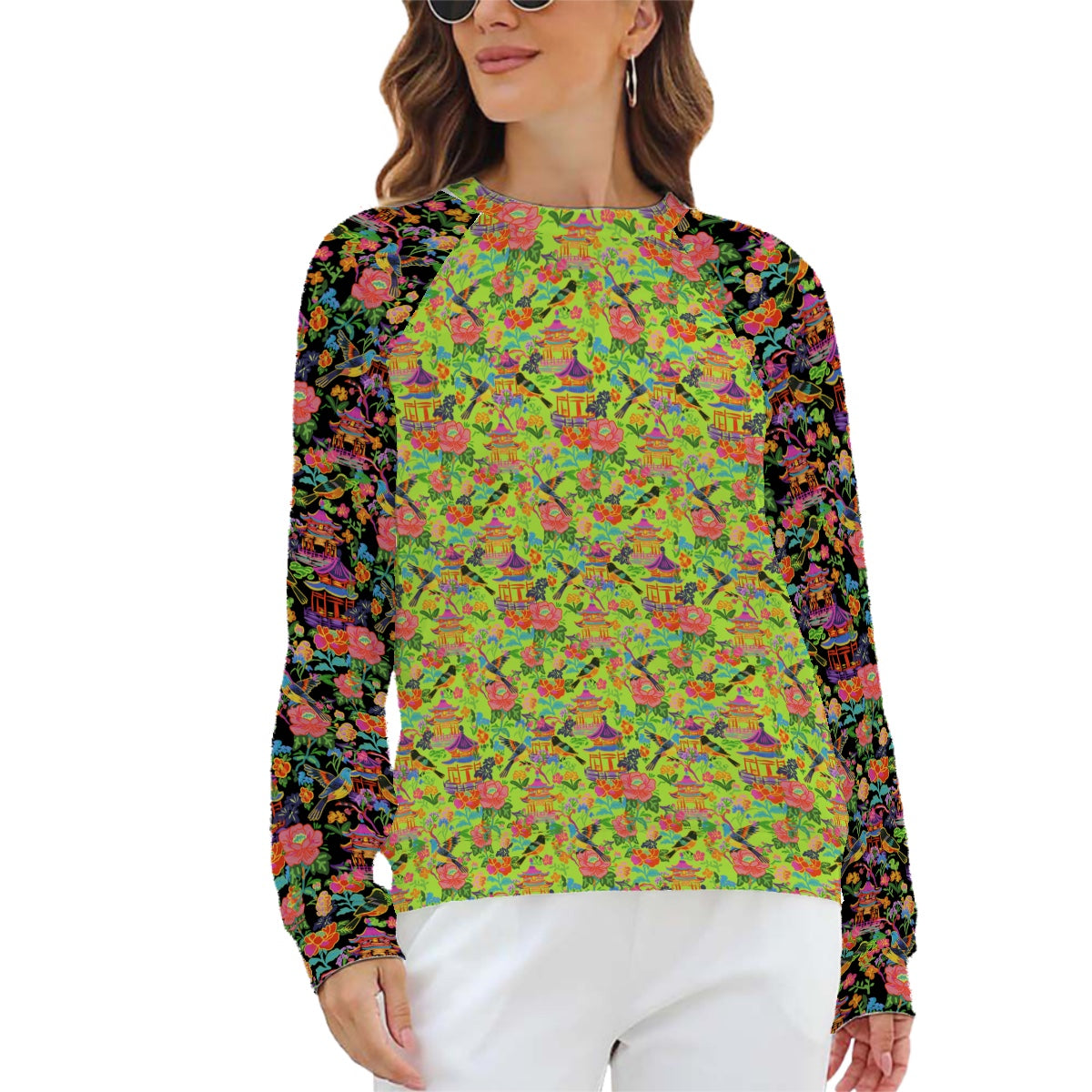 Raglan Crewneck Sweatshirts Women poppin pagoda multi
