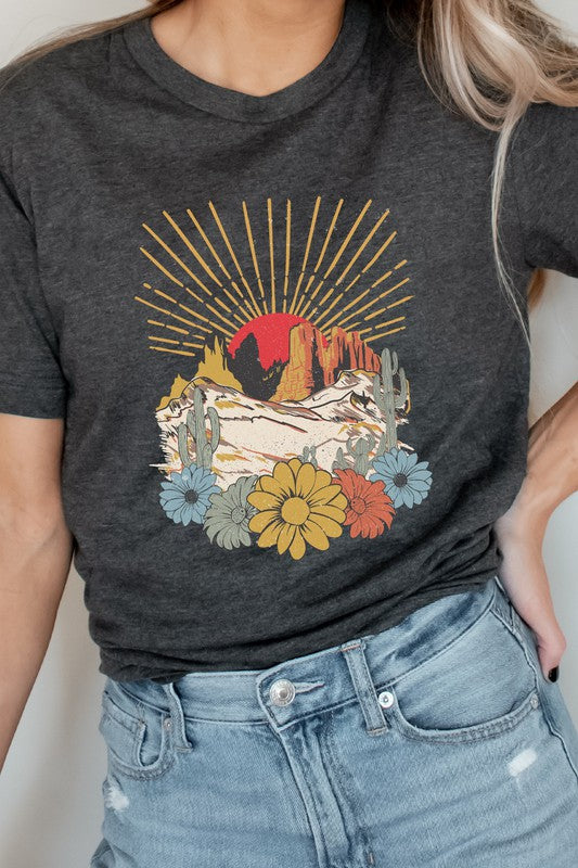 Desert Sunset Arches Floral Cacti Boho Graphic Tee