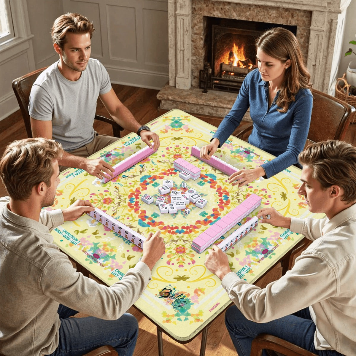 Mahjong Mat (Made in USA) Spring on Ivory w instructions