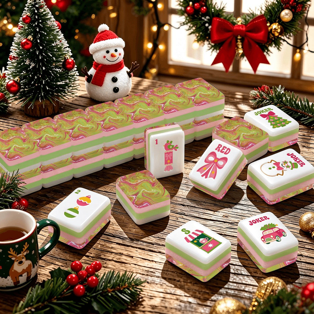 Preppy Pink Christmas Mahjong Tiles -Abstract back options