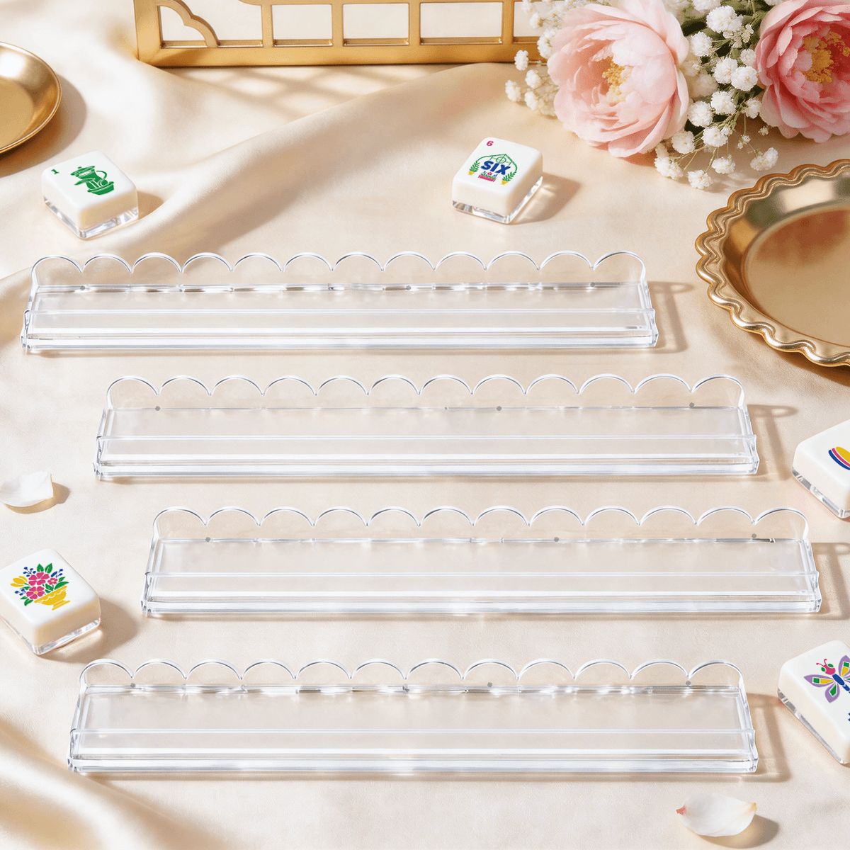 Extended Mahjong Rack Set of 4  Scalloped Magnetic Tile Pusher Choice of Pattern