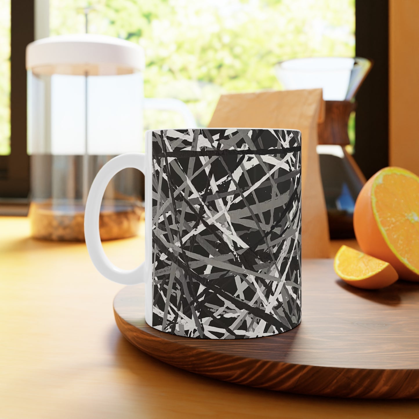 The Delamater Series -Abstract Black & Gray Splatter Ceramic Mug – Modern Scribble Pattern, 11oz/15oz