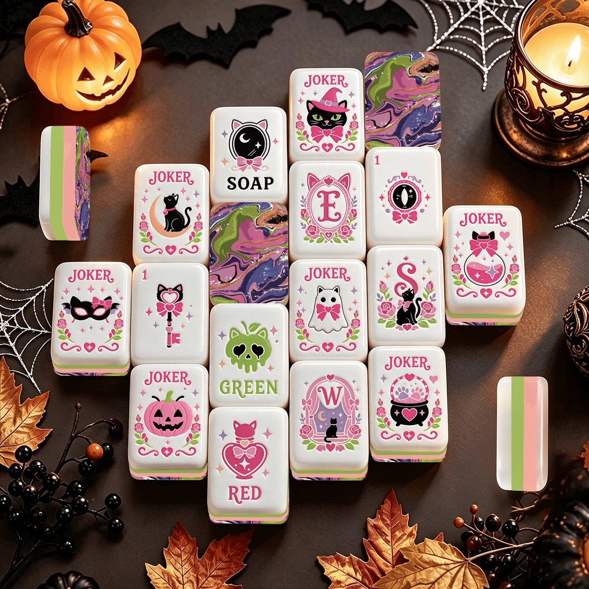 Witch's Familiar Pink & Purple abstract Halloween Mahjong Tiles