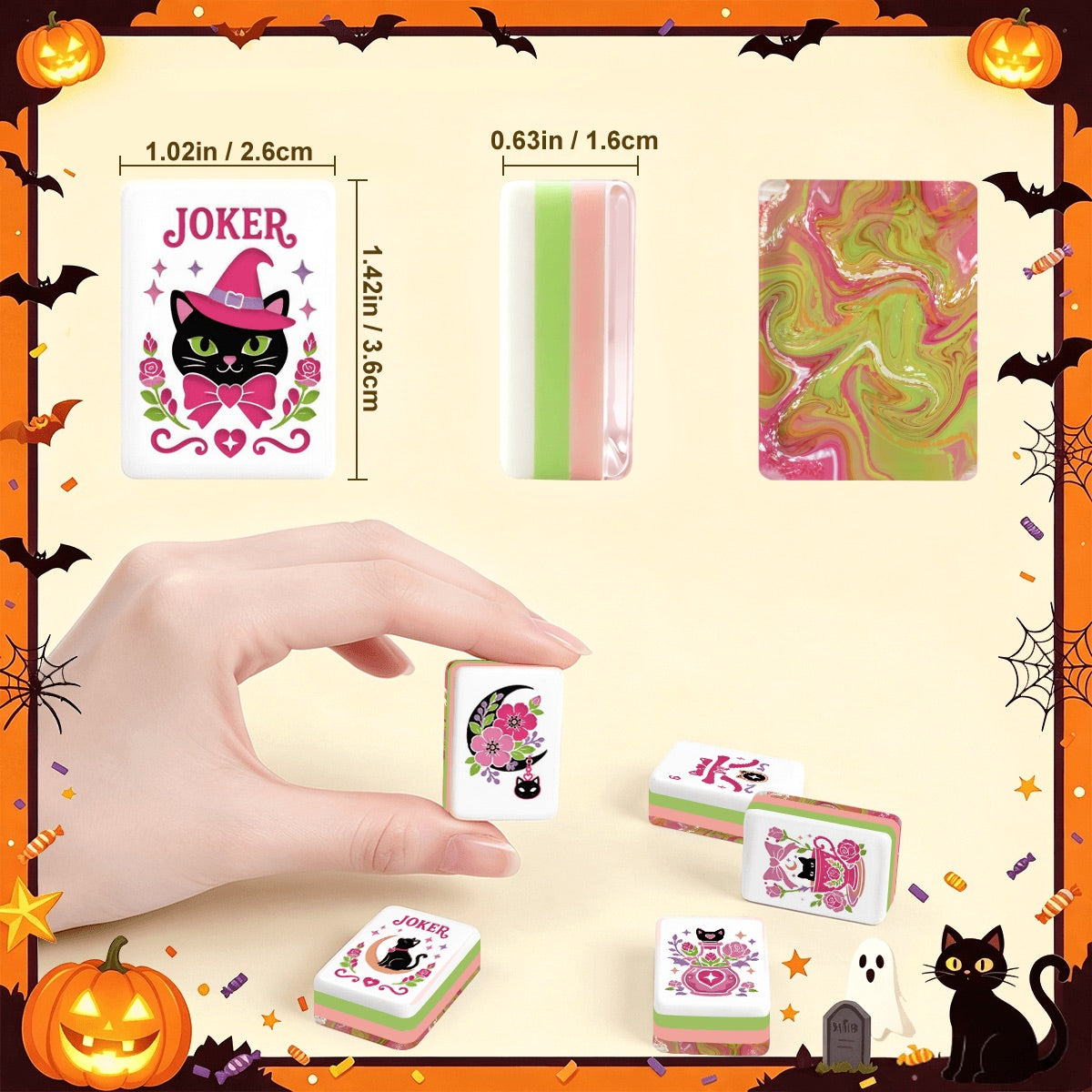 Witch's Familiar Halloween Mahjong Tiles Pink & Green abstract