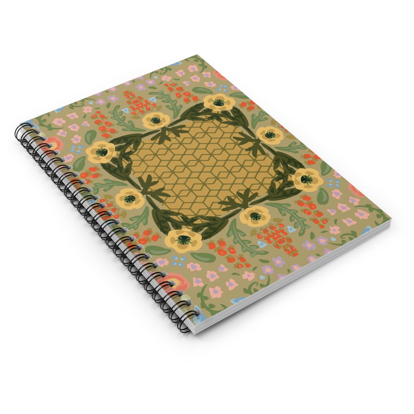 Floral Boho Spiral Notebook — Ruled Journal with Yellow Flower Mandala