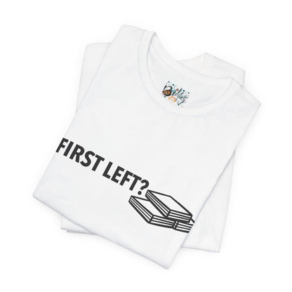 First Left? Book Stack Tee — Funny Mahjong Shirt