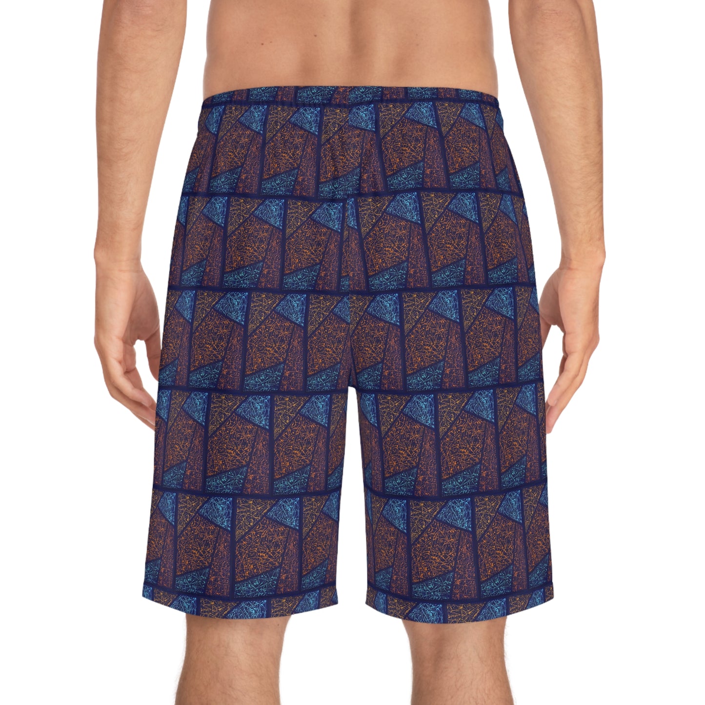 The Delamater Series- Abstract Men's Geometric Blue Mosaic Board Shorts — All-Over Print