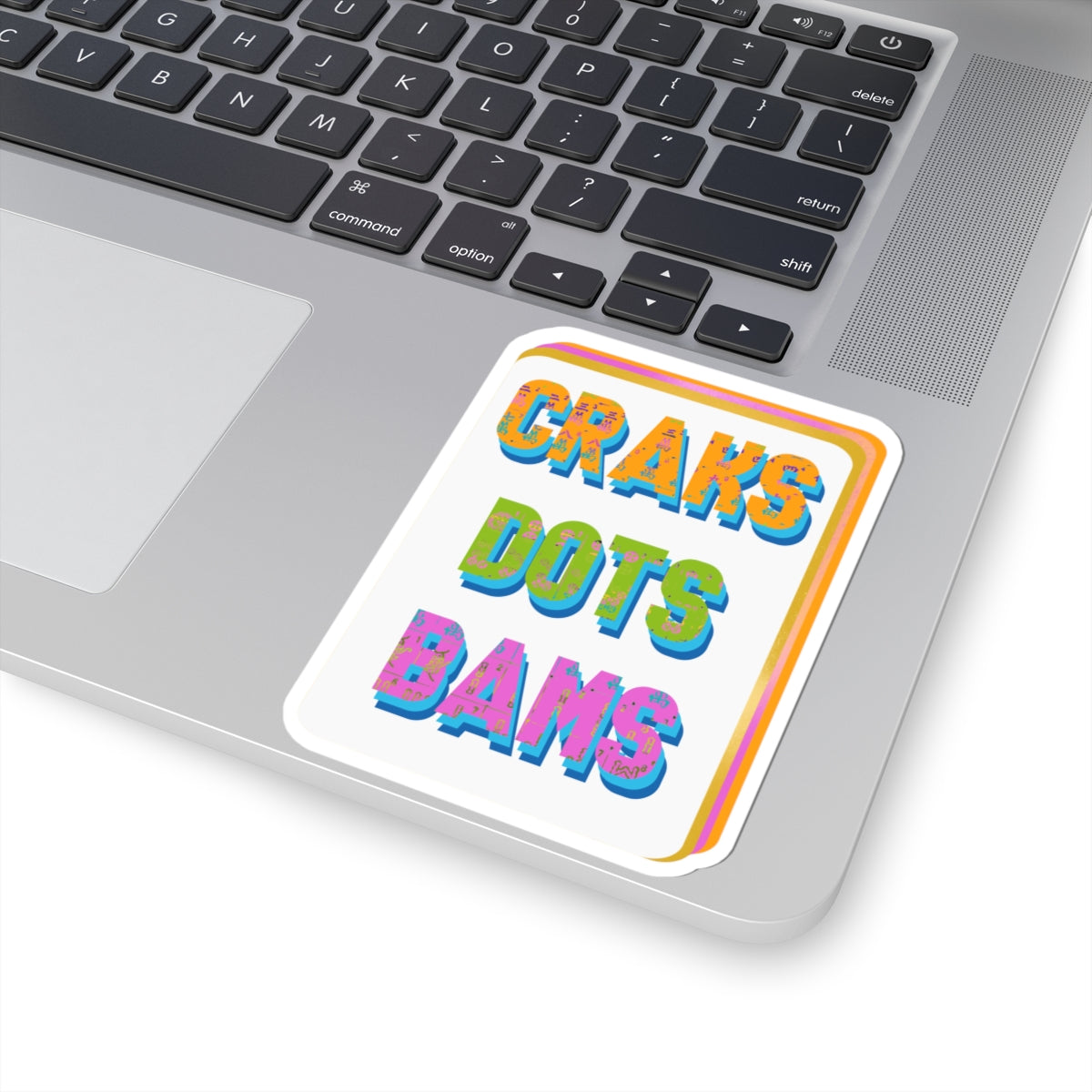 Kiss-Cut Sticker — Colorful 3D Text "CRAKS DOTS BAMS" Laptop Decal