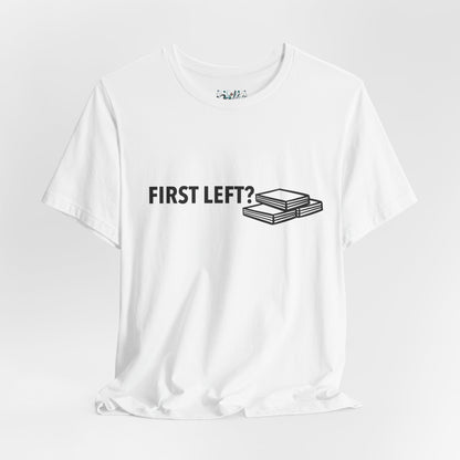 First Left? Book Stack Tee — Funny Mahjong Shirt