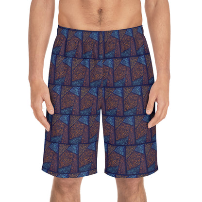 The Delamater Series- Abstract Men's Geometric Blue Mosaic Board Shorts — All-Over Print