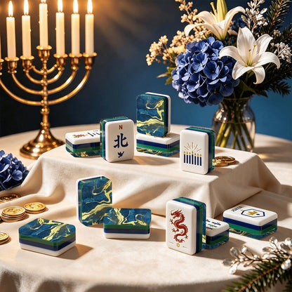 Heritage Hanukkah Mahjong Tiles Geode series  blue gold vein