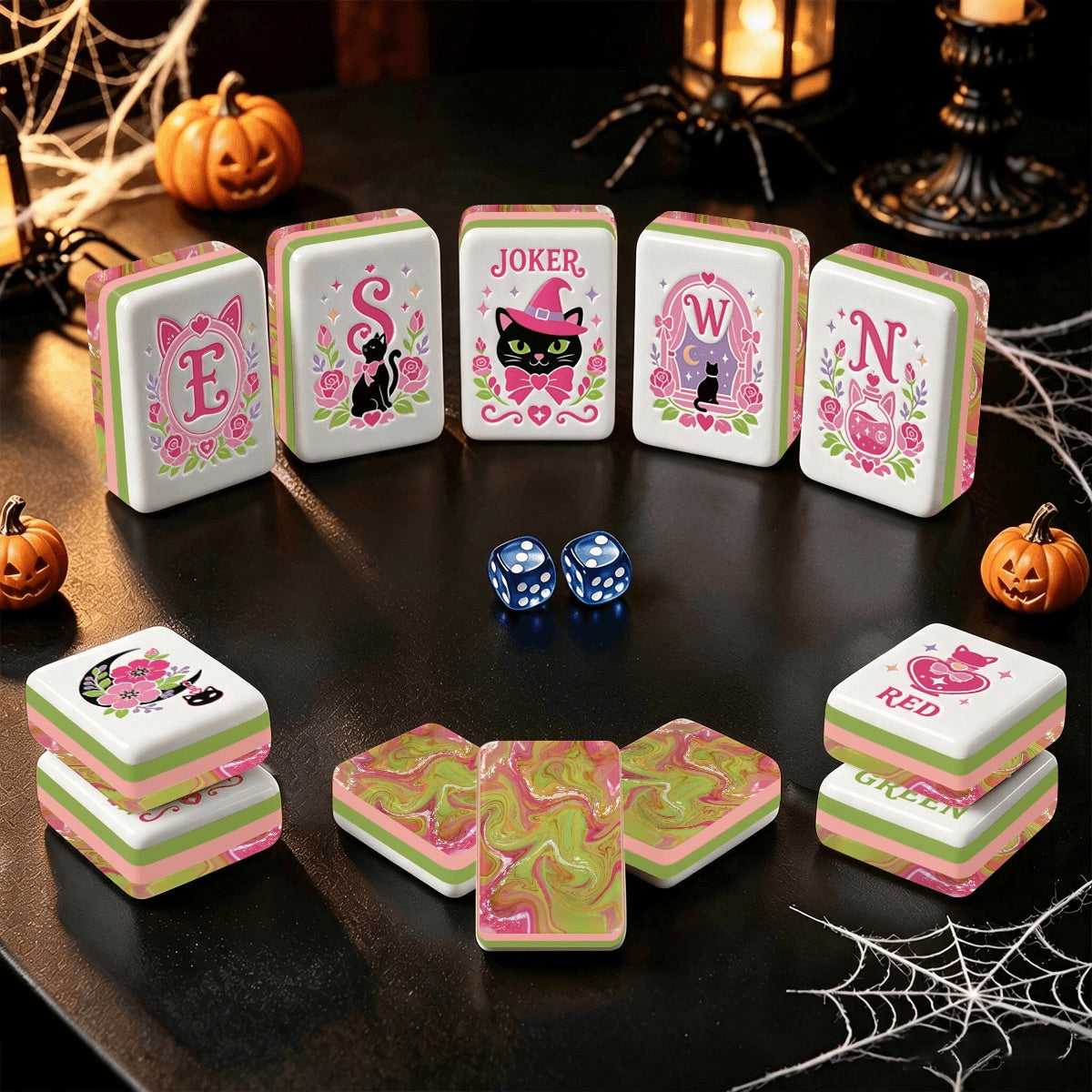 Witch's Familiar Halloween Mahjong Tiles Pink & Green abstract