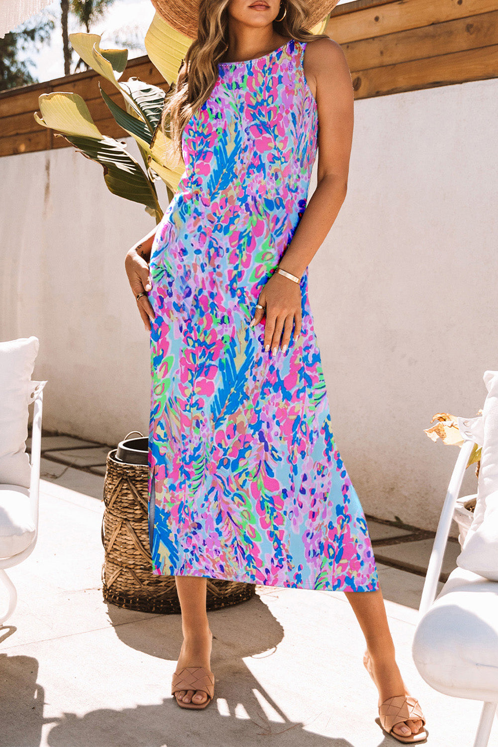 Purple Fluorescent Printed Round Neck	 Sleeveless Maxi Dress