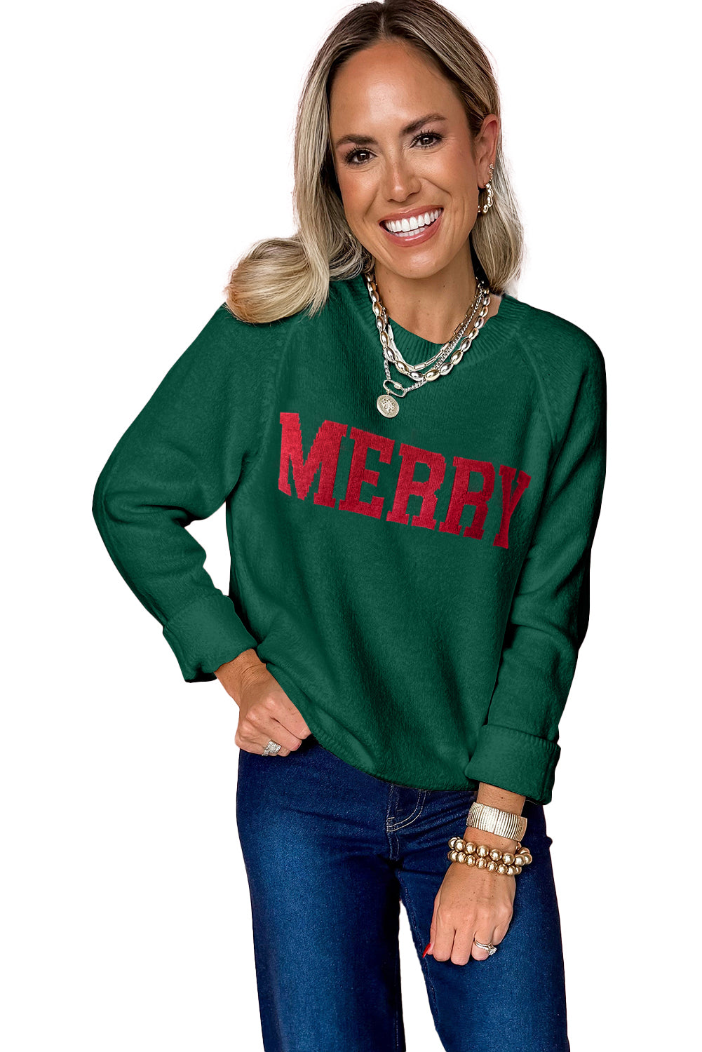 White MERRY Letter Pattern Christmas Raglan Sleeve Sweater