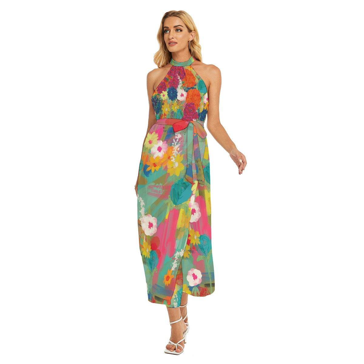 Abstract floral halter dress