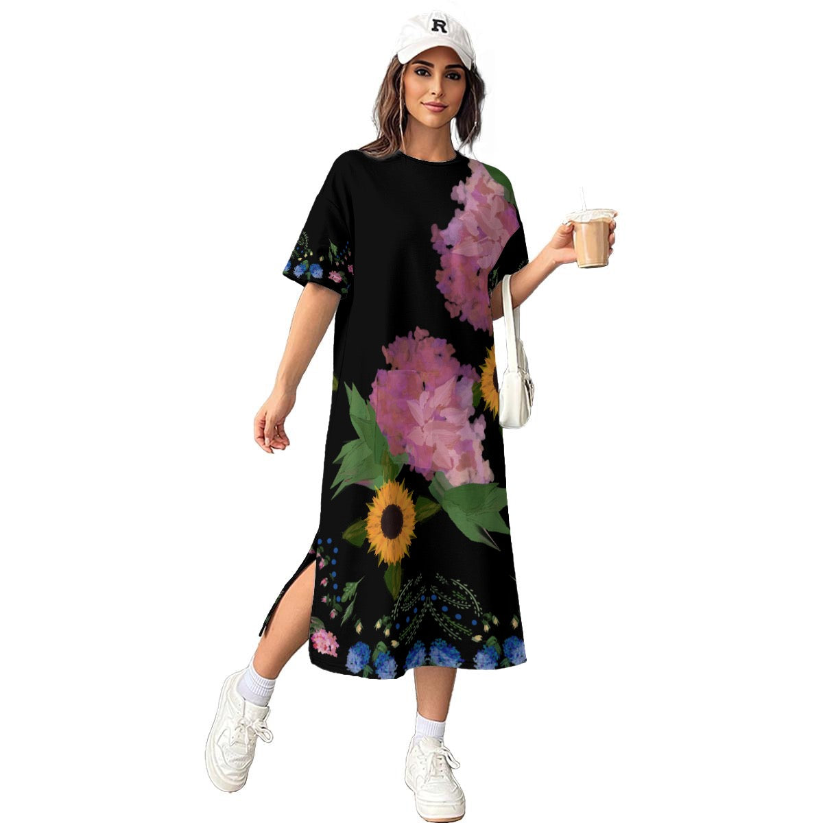 Florals on black t-shirt dress