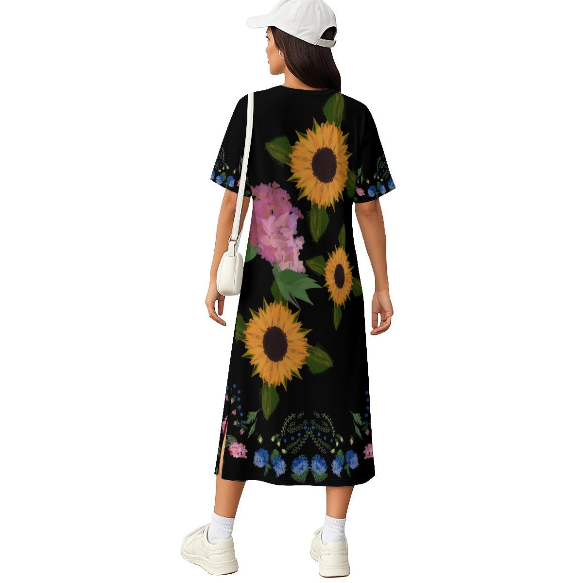 Florals on black t-shirt dress