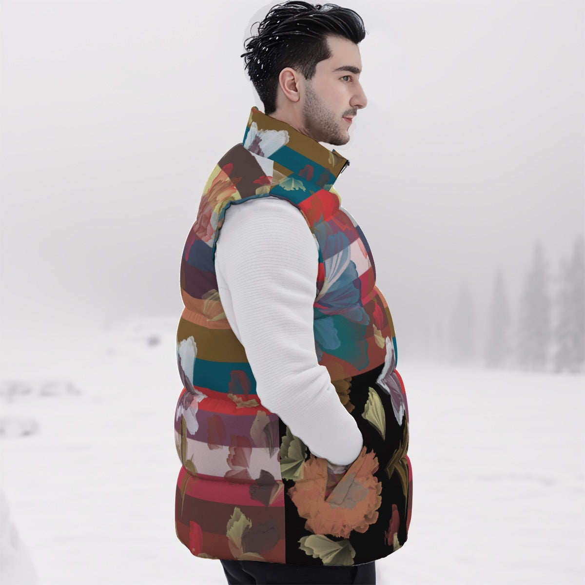City Stripe and handpainted floral Unisex Down Vest