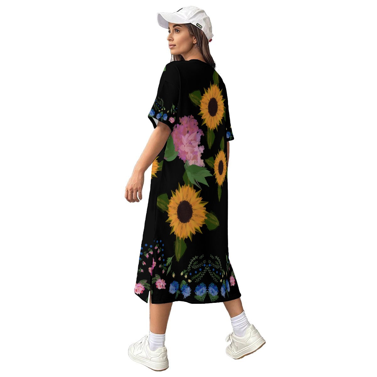 Florals on black t-shirt dress