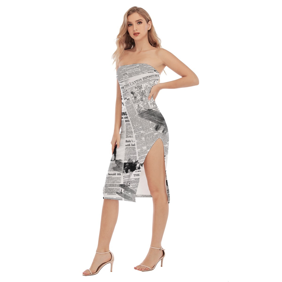 City newsprint Women's Side Split Tube Top Dress
