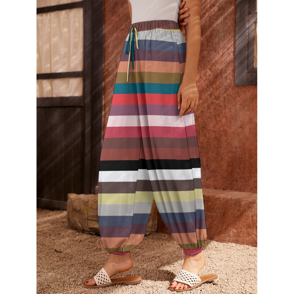 City Stripe Pants with Pockets -white base-multi color