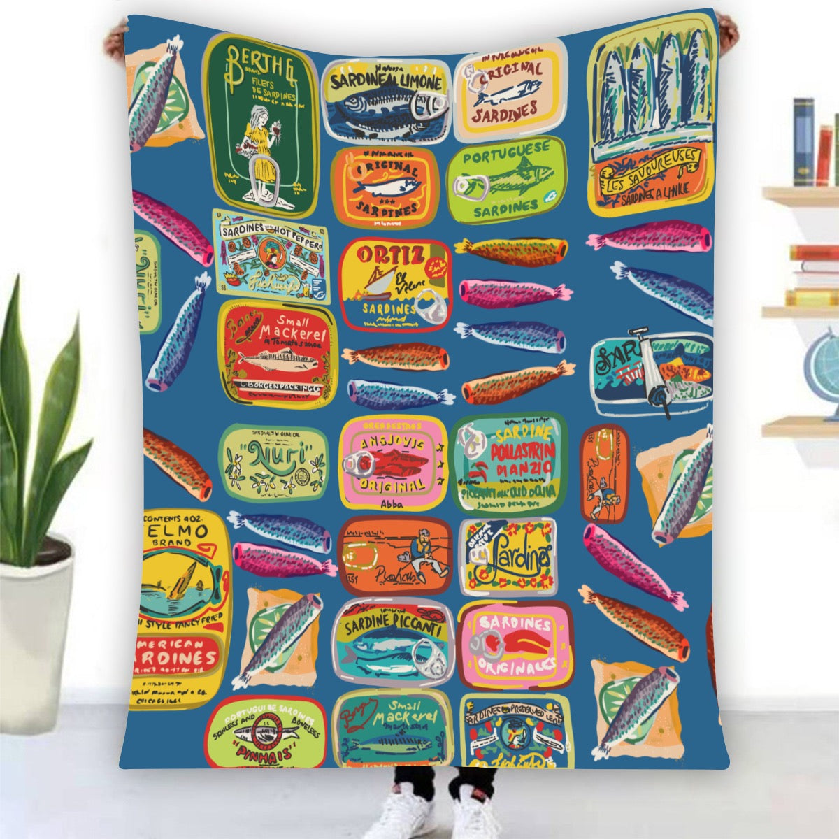 Sardines on blue Single-Side Printing Flannel Blanket