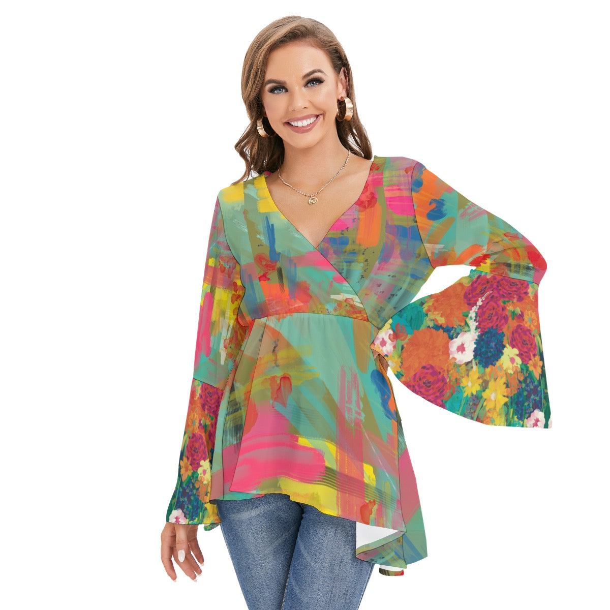 Brewtifully belled floral and abstract blouse