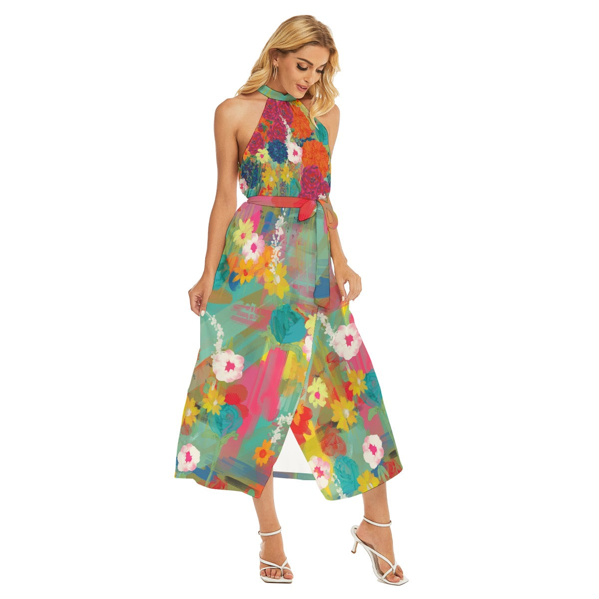 Abstract floral halter dress