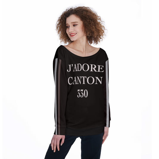 J'Adore Canton Women's Off-Shoulder Sweatshirt black on white base with sports stripes