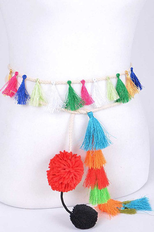 Mix Tassel Pompom Tie Belt