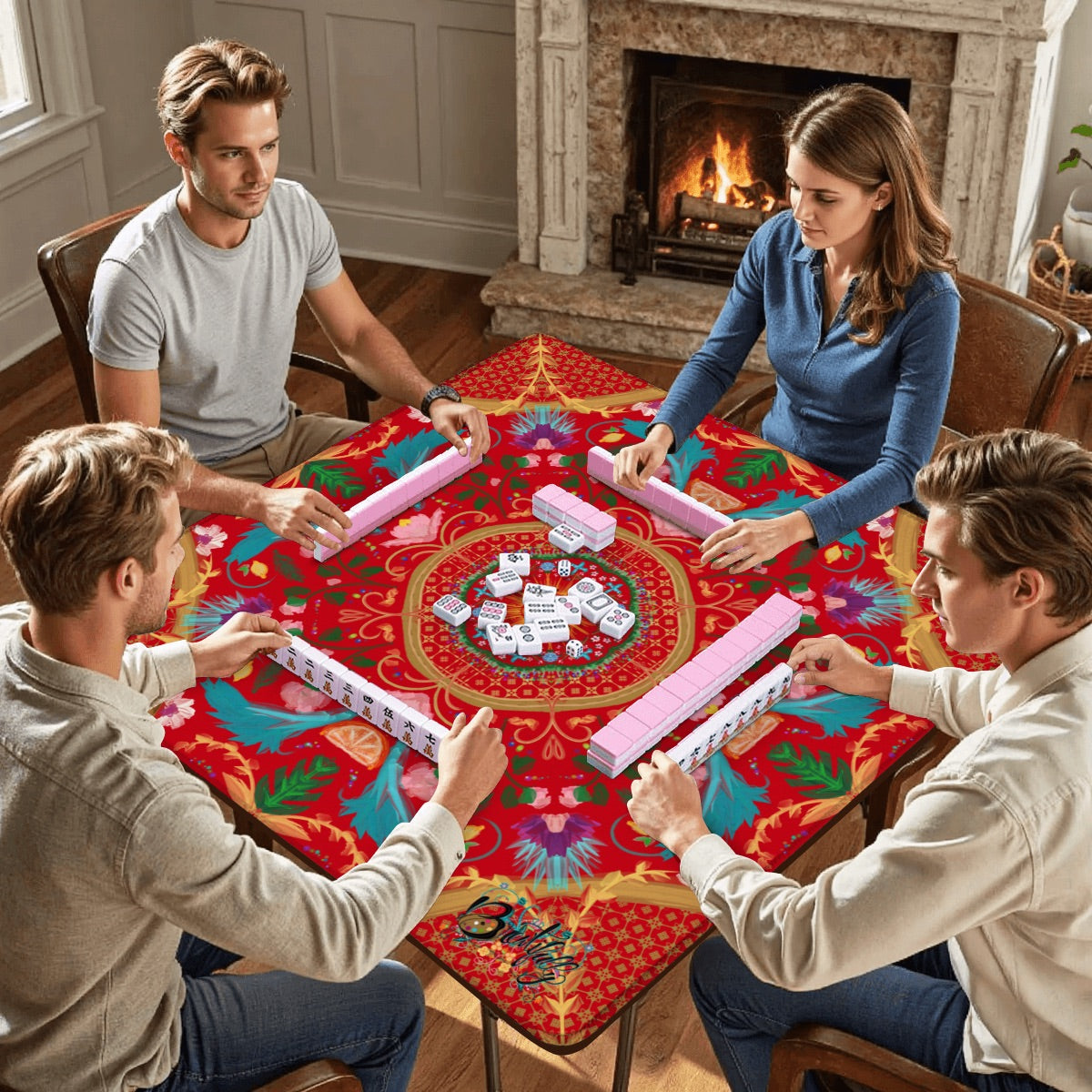2026 Summer Design on Red-Mahjong Mat 31.5"x31.5" (Ship Rolled up)