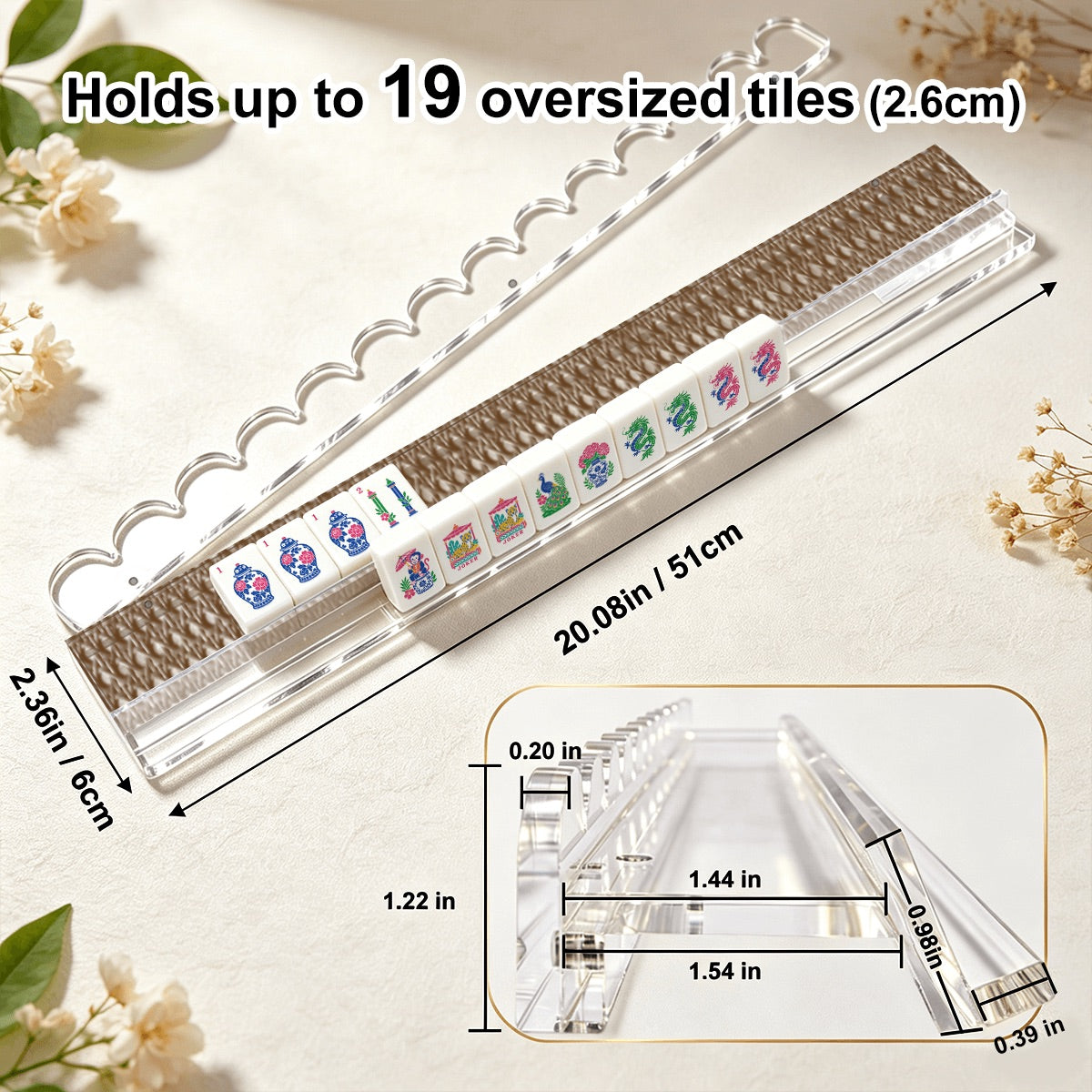 Extended Mahjong Rack Set of 4  Scalloped Magnetic Tile Pusher Brown Rattan