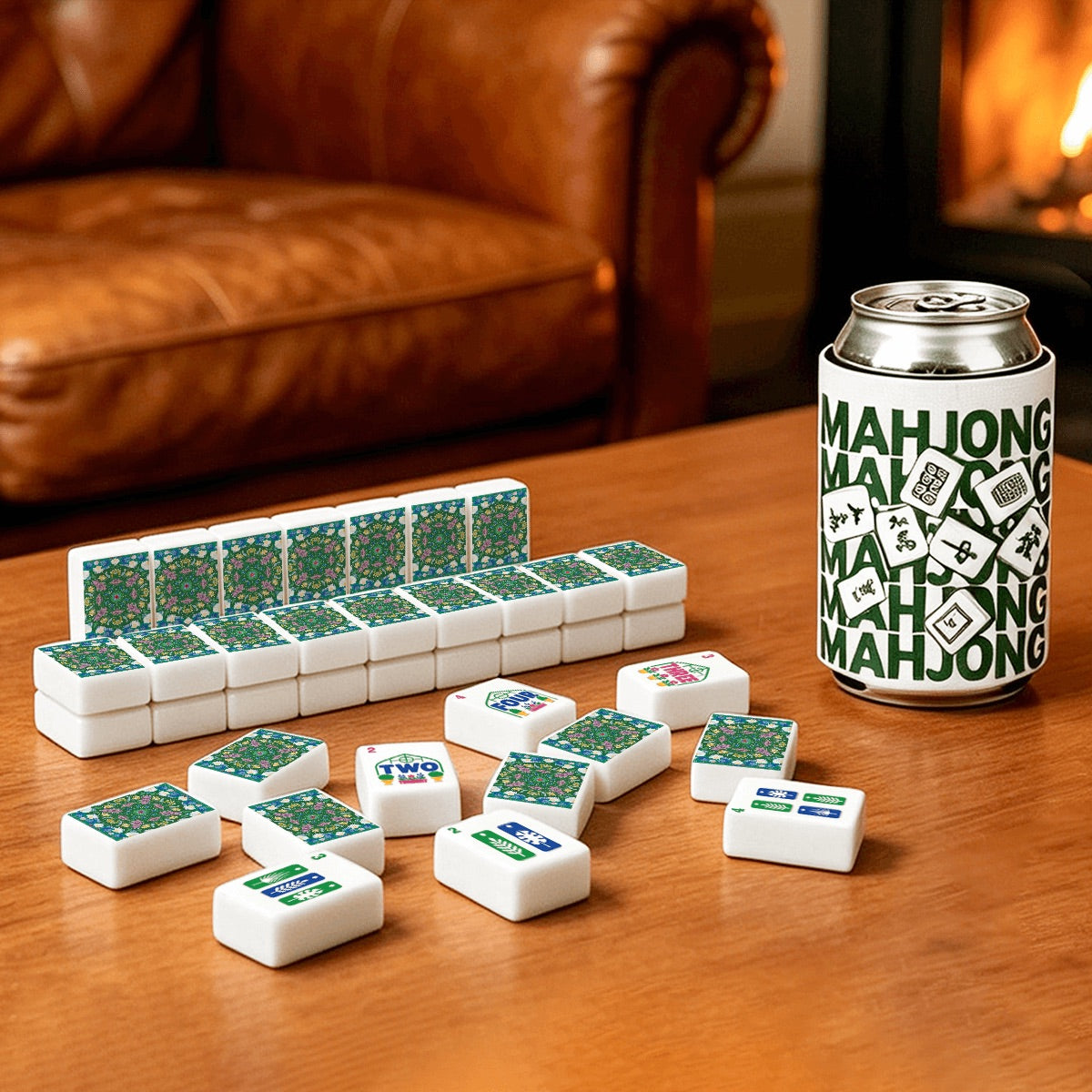 Green Mahjong Tiles Set (Floral Garden Style) (Single Layer)